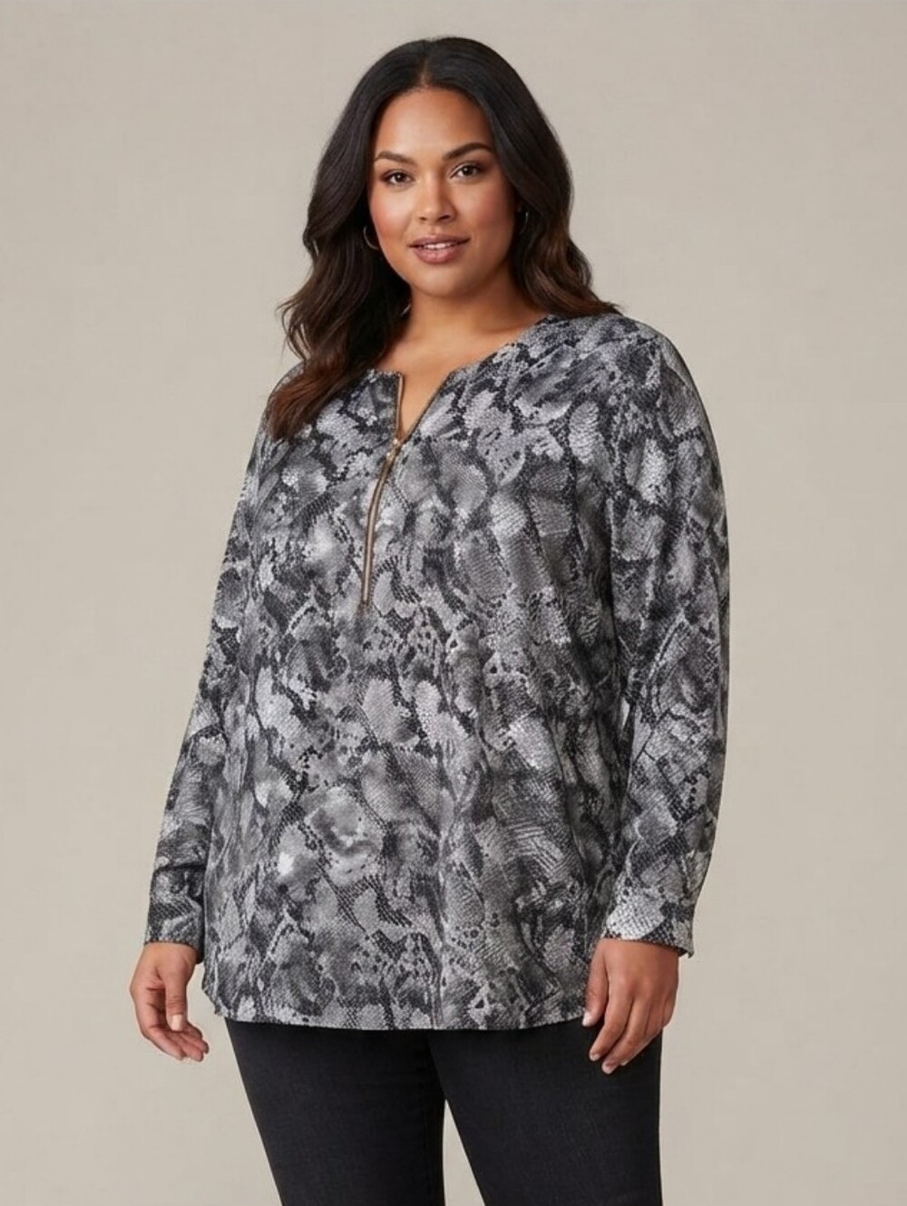Jessica Snakeskin Print Zippered Tunic - Grey Edgy Chic- Size 20W